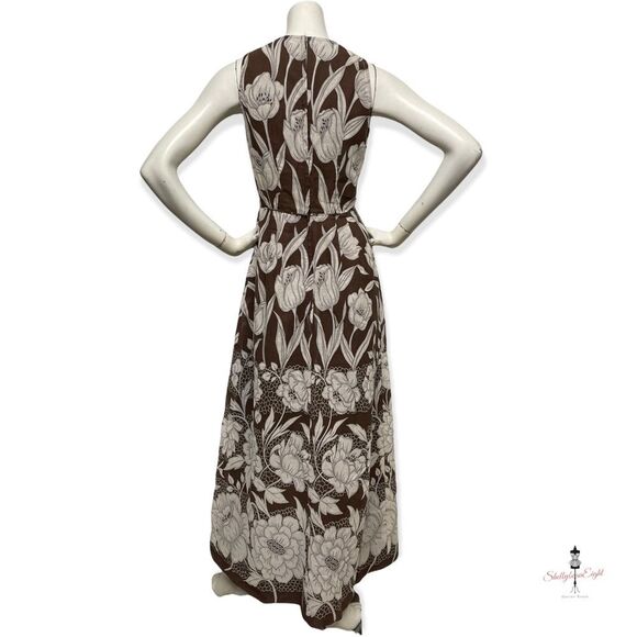 Vintage 1970s Floral Print Brown White Maxi Dress & Matching Shawl Scarf S 4 6 - Picture 13 of 15